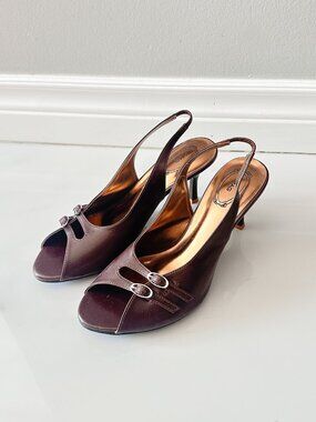 Mahogany Double Buckle Slingbacks, Women's Size 7, Brown Faux Leather Heels